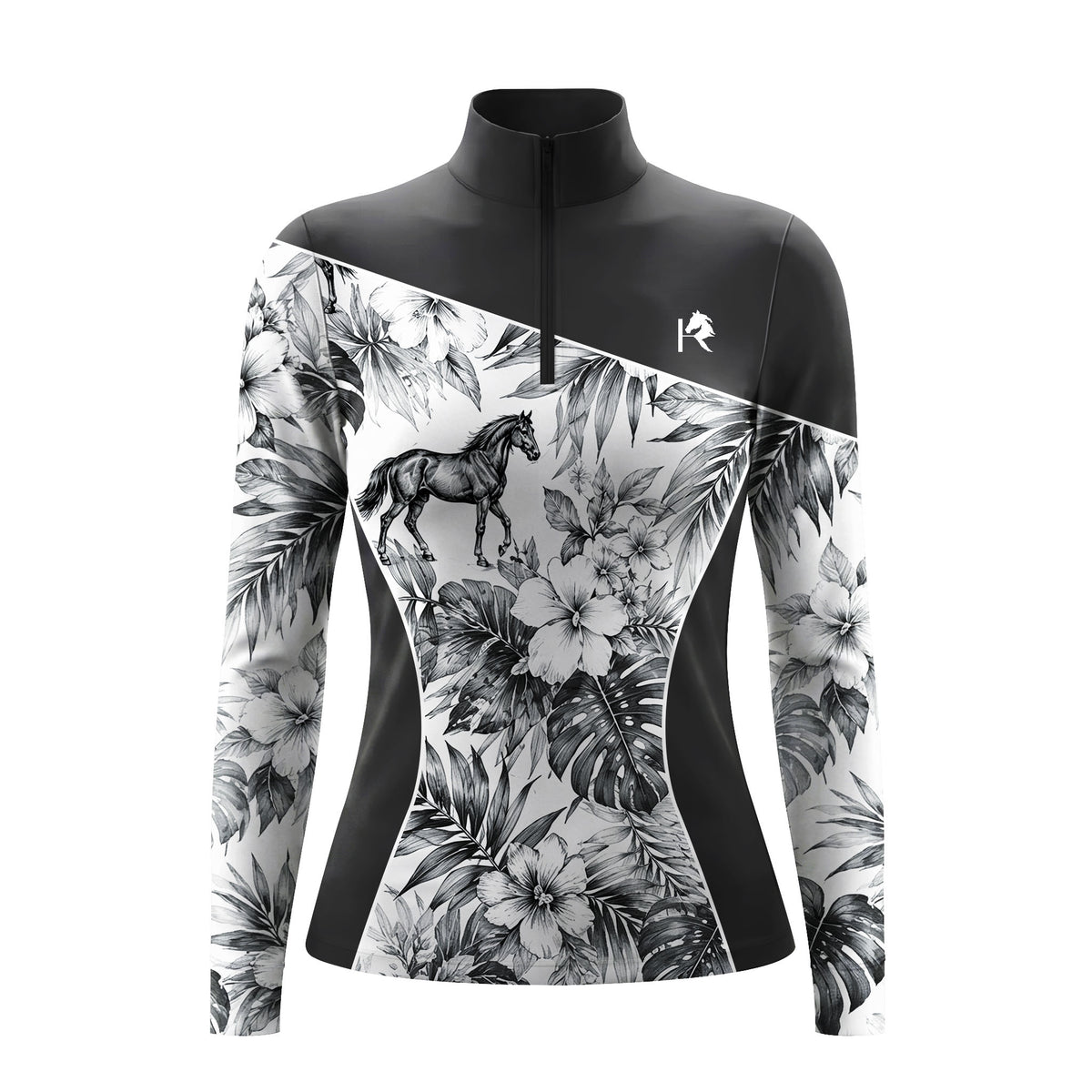Studio flat view of the Monochrome Tropical Horse Print Color-Block Long-Sleeve Quarter-Zip Riding Top, showcasing the full print details
