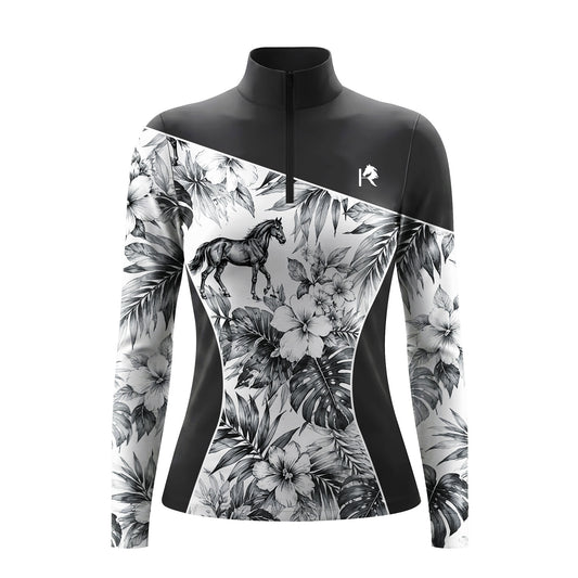 Studio flat view of the Monochrome Tropical Horse Print Color-Block Long-Sleeve Quarter-Zip Riding Top, showcasing the full print details
