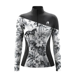 Studio flat view of the Monochrome Tropical Horse Print Color-Block Long-Sleeve Quarter-Zip Riding Top, showcasing the full print details
