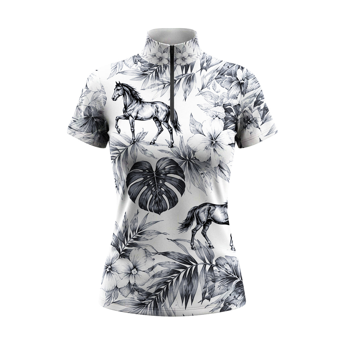 Studio flat view of the Monochrome Tropical Horse Print Short-Sleeve Quarter-Zip Riding Top, showcasing the full print details
