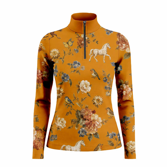 White background studio product shot of full mustard yellow vintage watercolor garden floral trotting white horse songbird butterfly all-over print long sleeve quarter-zip riding top
