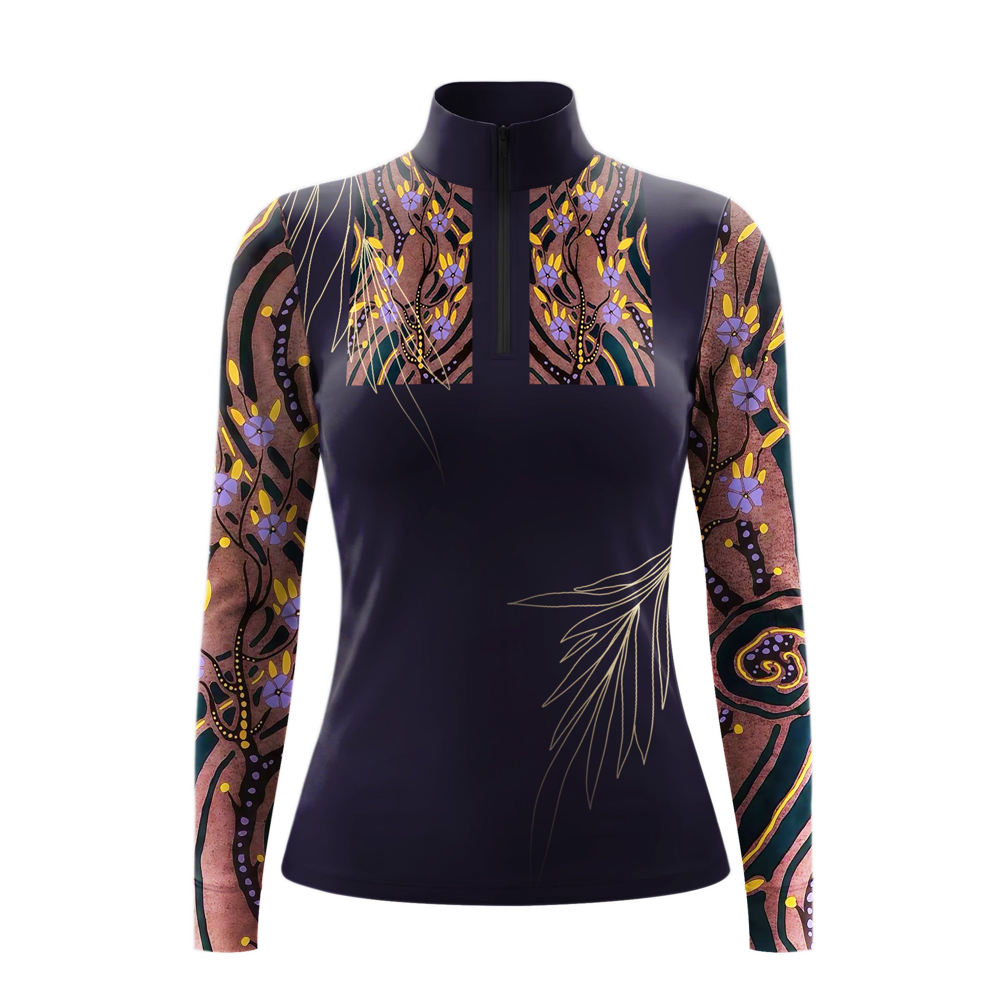 Model gently touching brown horse’s face wearing sophisticated navy color block abstract floral gold art long sleeve riding top in sunlit pasture

