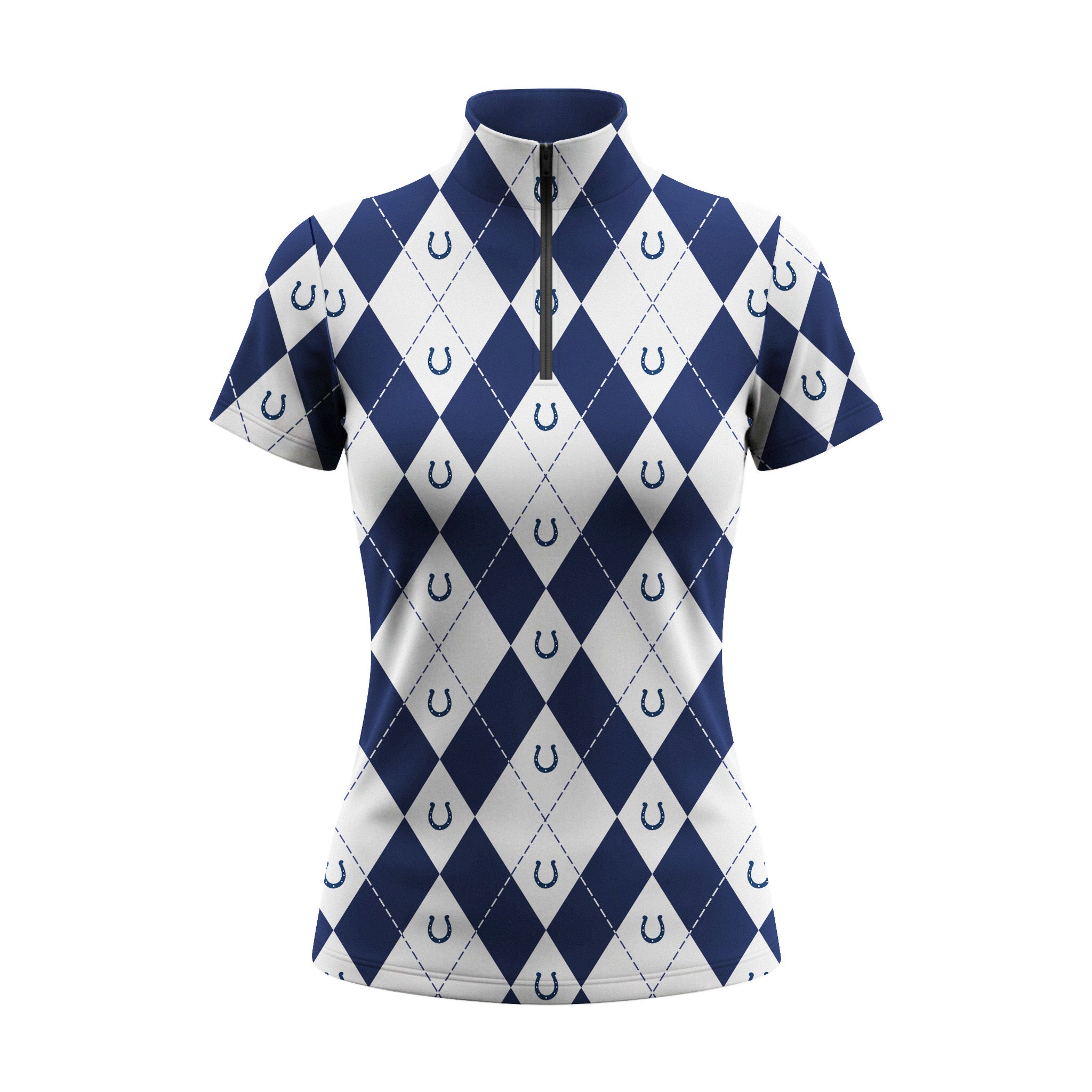 Studio flat view of the navy version of the Argyle & Horseshoe Print Short-Sleeve Quarter-Zip Riding Top, showcasing the full print details
