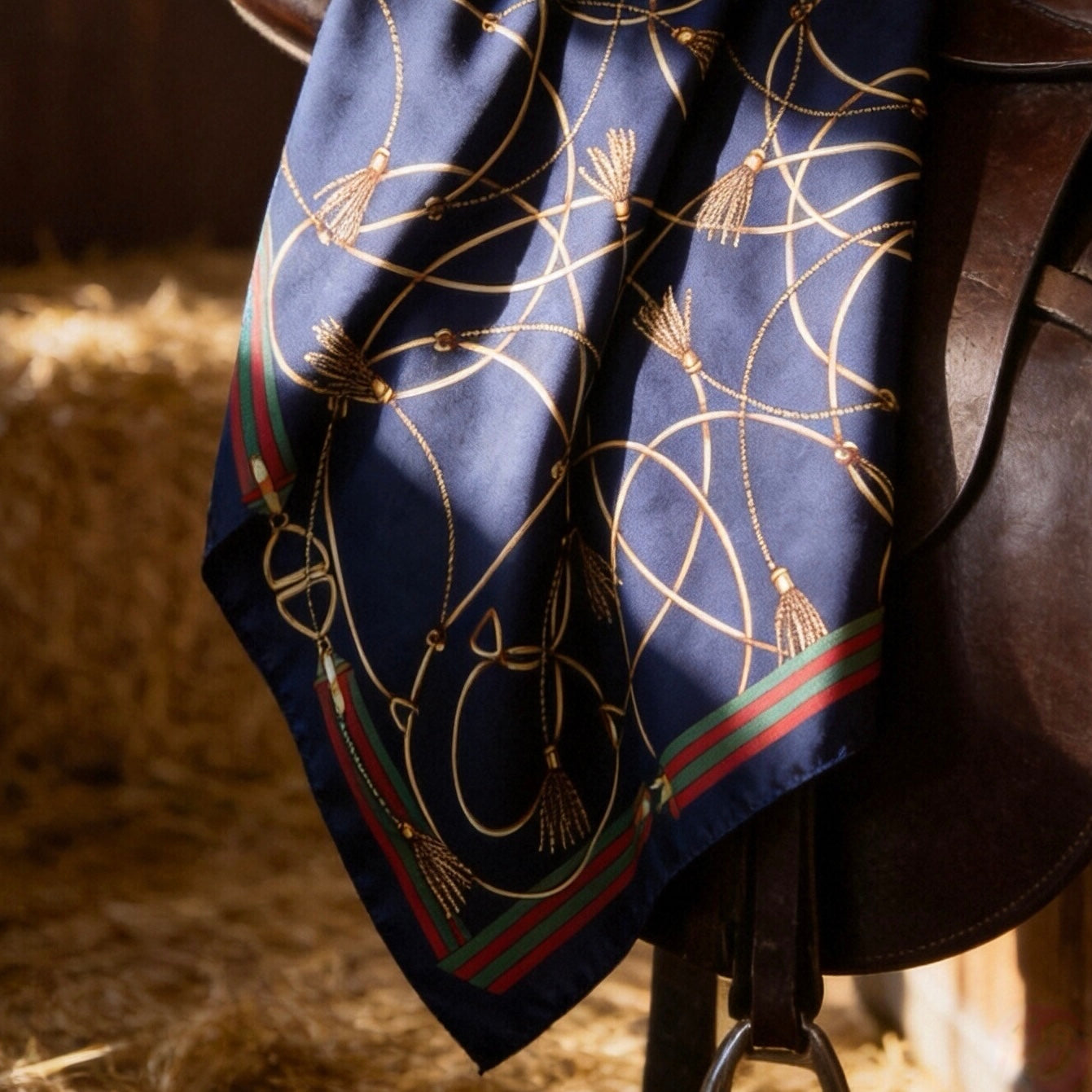Warm barn stable lifestyle shot, navy equestrian scarf draped over vintage leather saddle