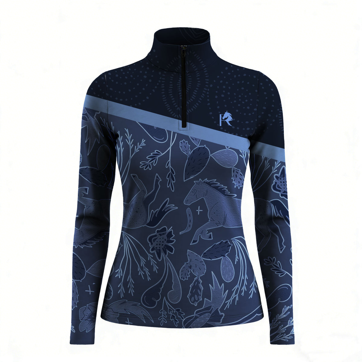 Navy long-sleeve shirt with white pattern on a white background
