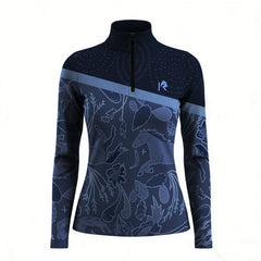 Navy long-sleeve shirt with white pattern on a white background