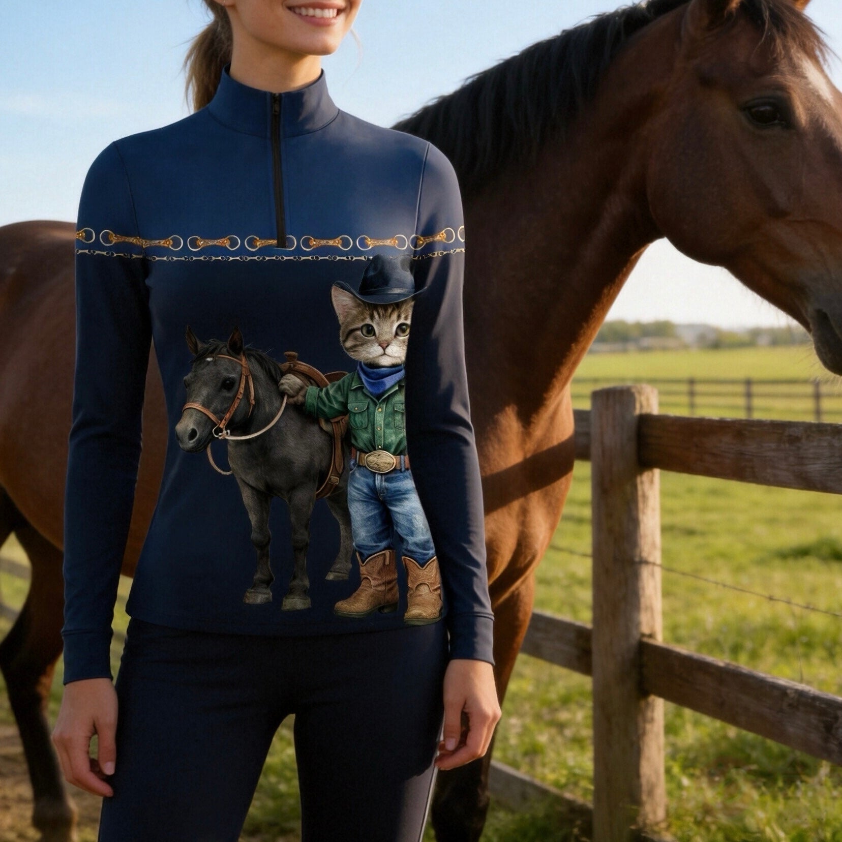 Outdoor farm field lifestyle shot of female rider wearing navy long‑sleeve quarter‑zip riding top with cowboy cat, black pony print and horse‑bit trim
