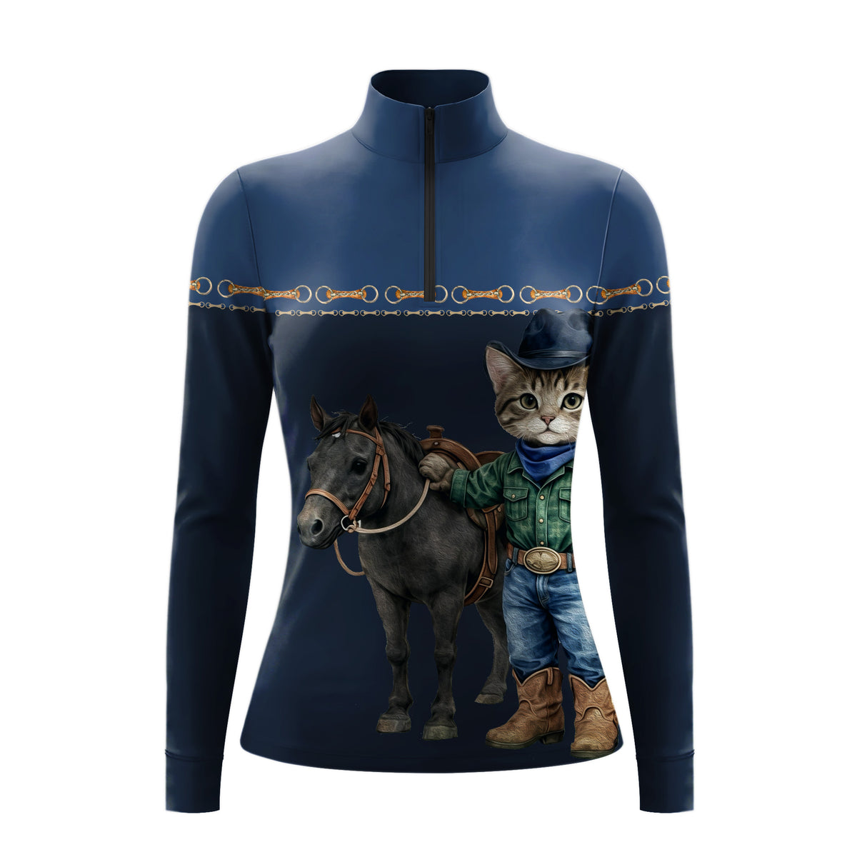 Studio white‑background product mockup of navy long‑sleeve riding top featuring cowboy‑cat‑and‑pony graphic and horse‑bit chest trim