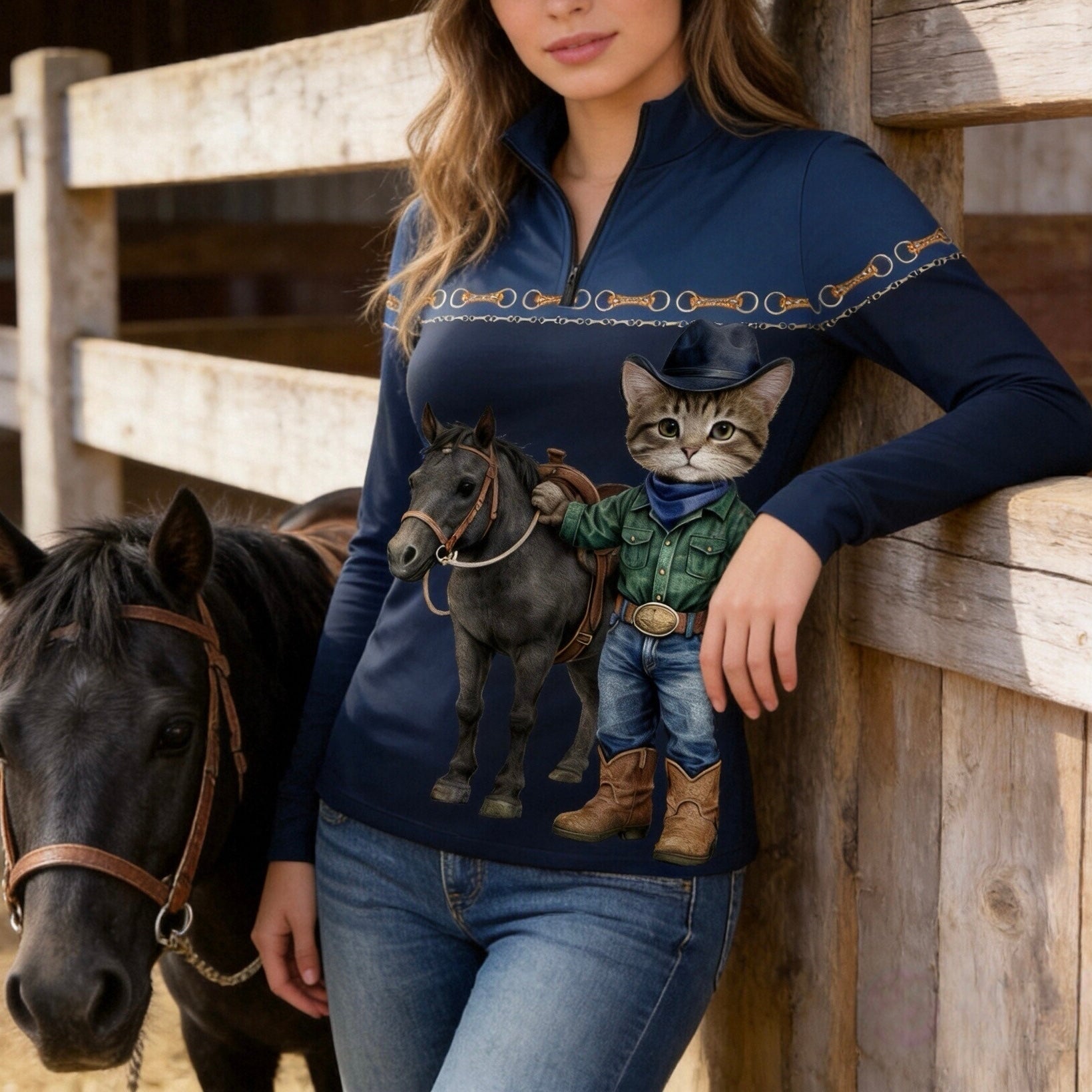 Wooden stable fence lifestyle shot of female rider in navy cowboy‑cat‑and‑black‑pony print quarter‑zip riding top