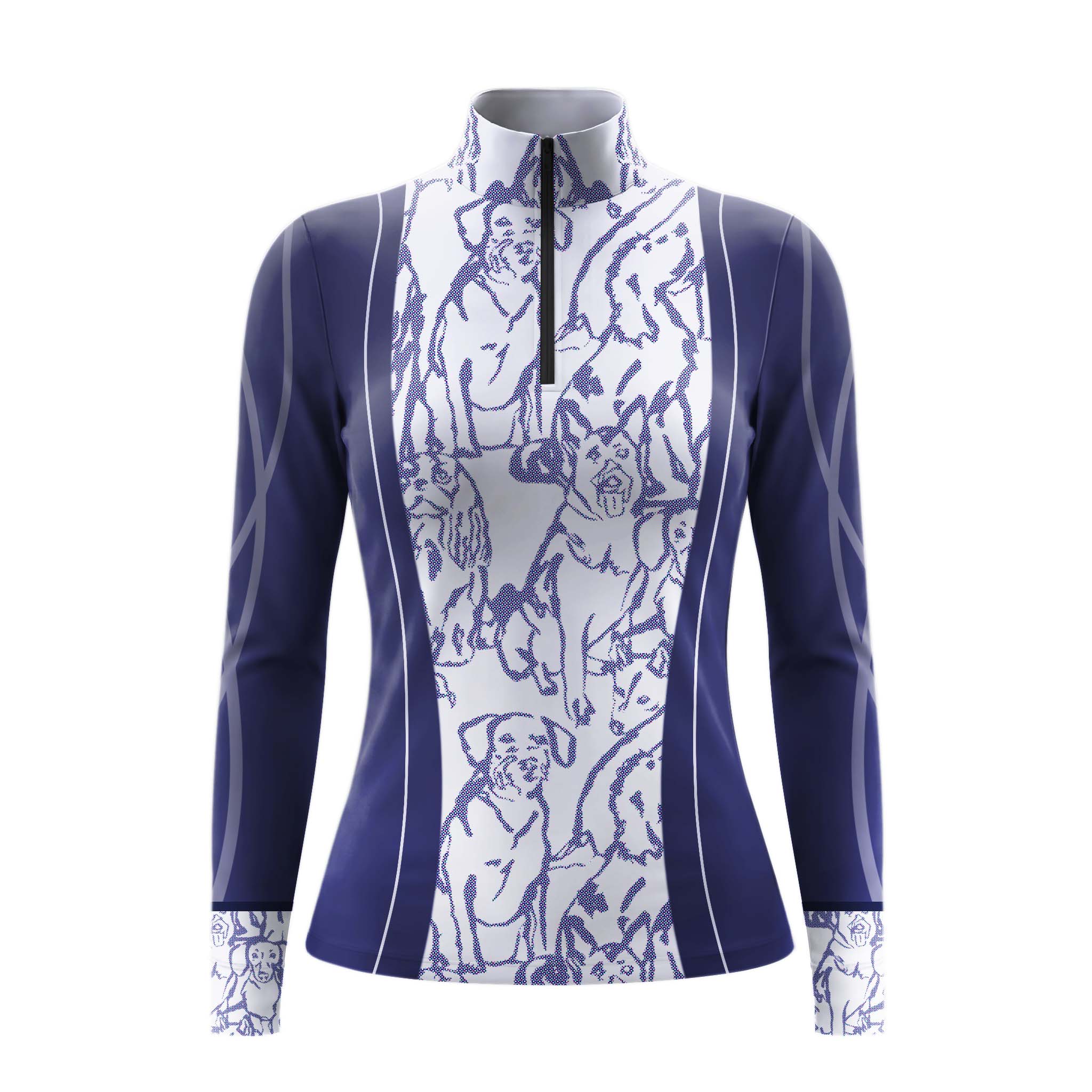 Clean white background studio product shot of navy and white dog sketch print panel long sleeve equestrian riding top