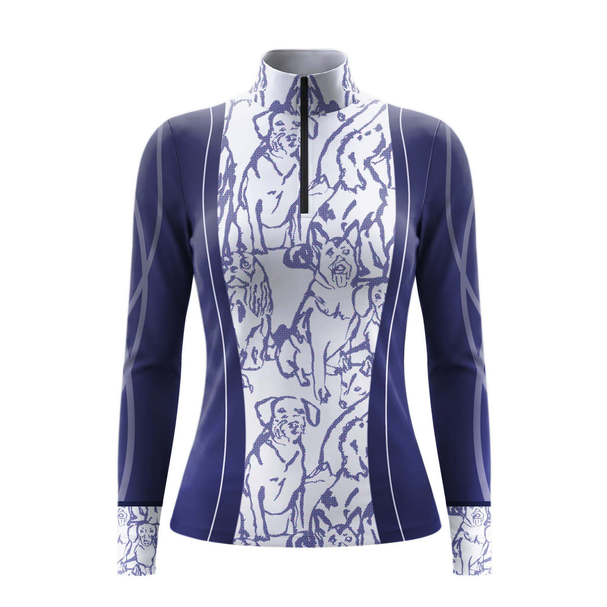 Clean white background studio product shot of navy and white dog sketch print panel long sleeve equestrian riding top