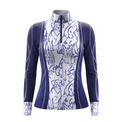 Clean white background studio product shot of navy and white dog sketch print panel long sleeve equestrian riding top