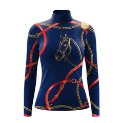 White background studio shot of navy equestrian chain & horse head long sleeve quarter zip riding top