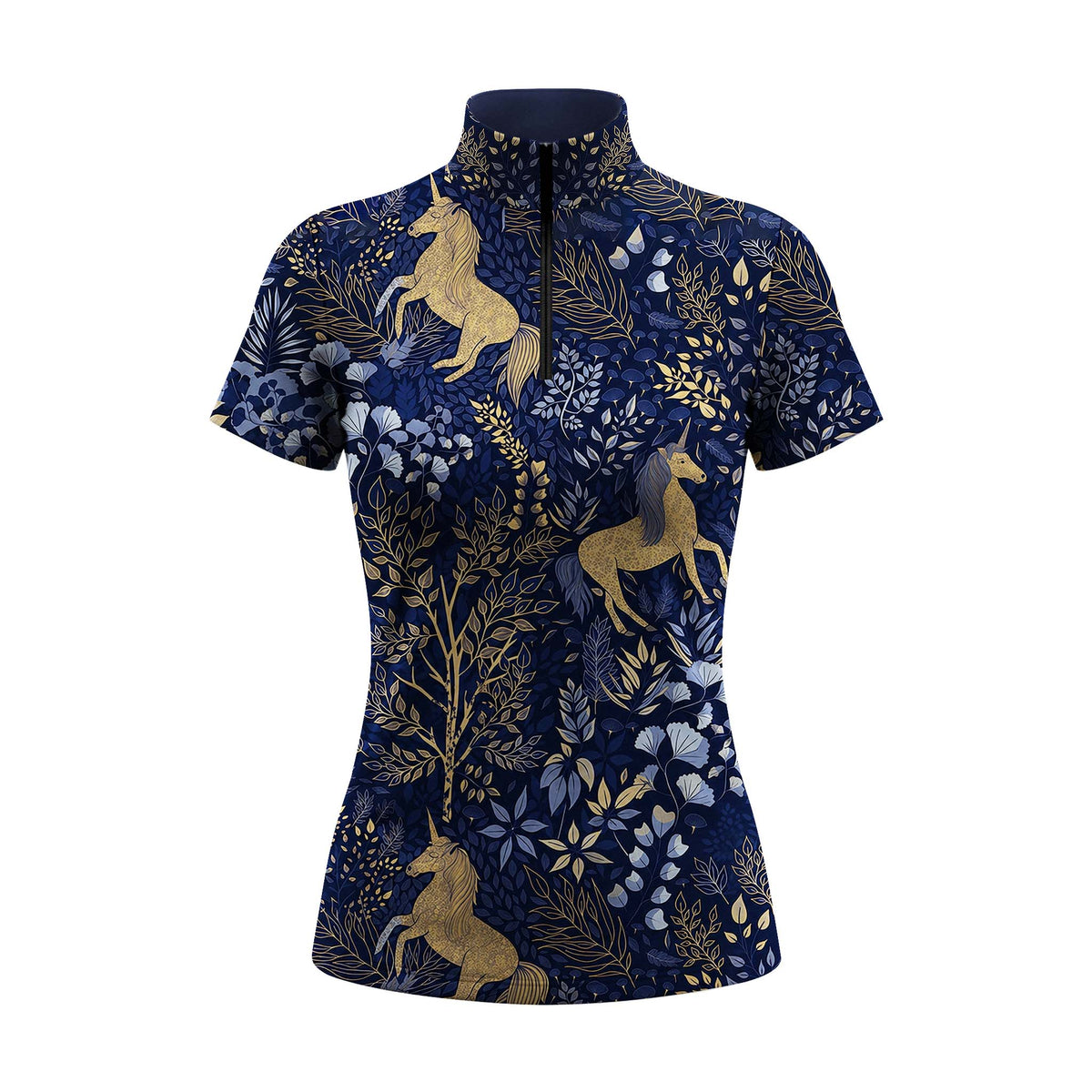 Full-body model shot wearing magical gold unicorn forest floral short sleeve top at outdoor equestrian show jumping arena with spectator stands, holding riding crop
