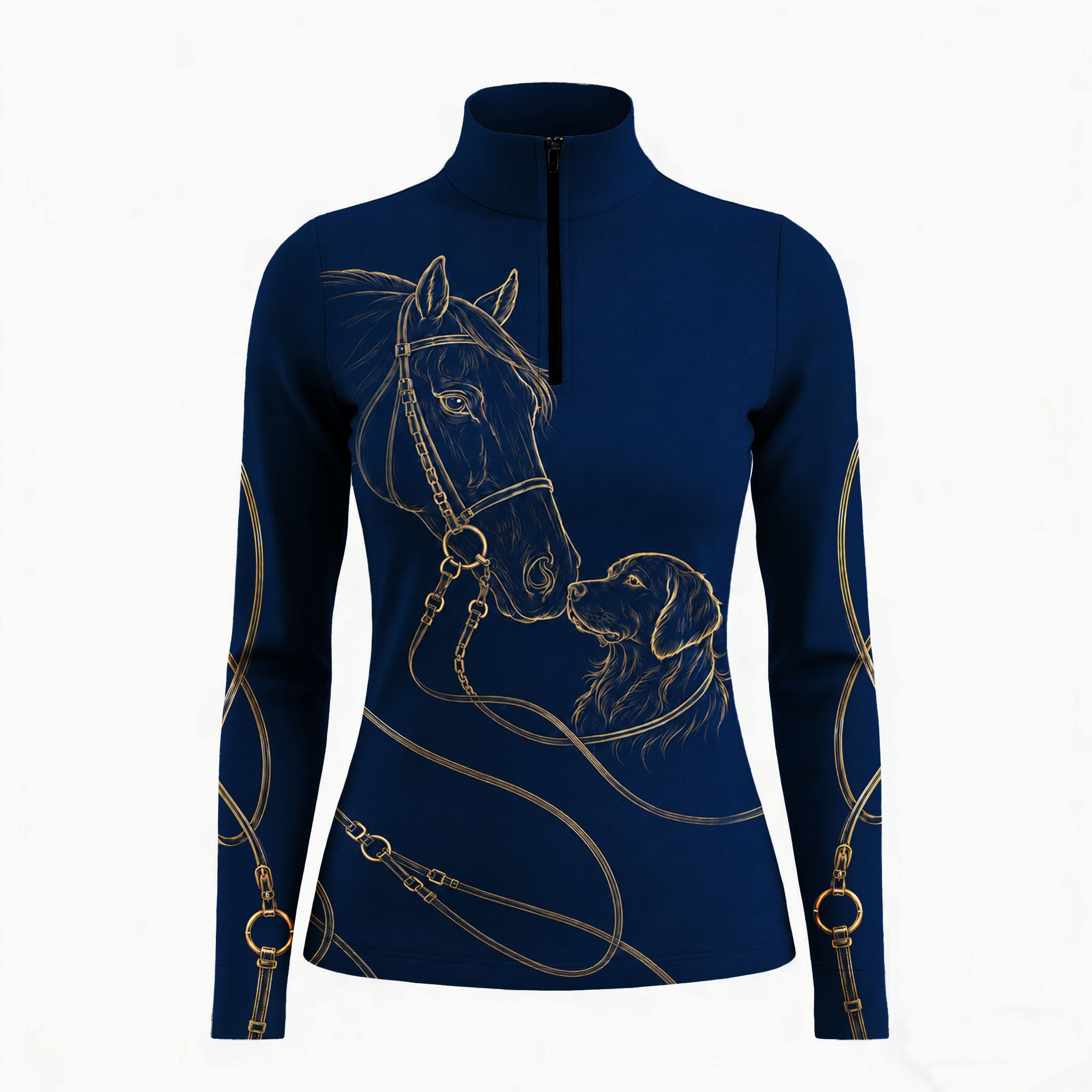 Equestrian show‑jumping arena close‑up model shot of rider wearing navy quarter‑zip riding top with gold horse‑retriever line‑art graphic