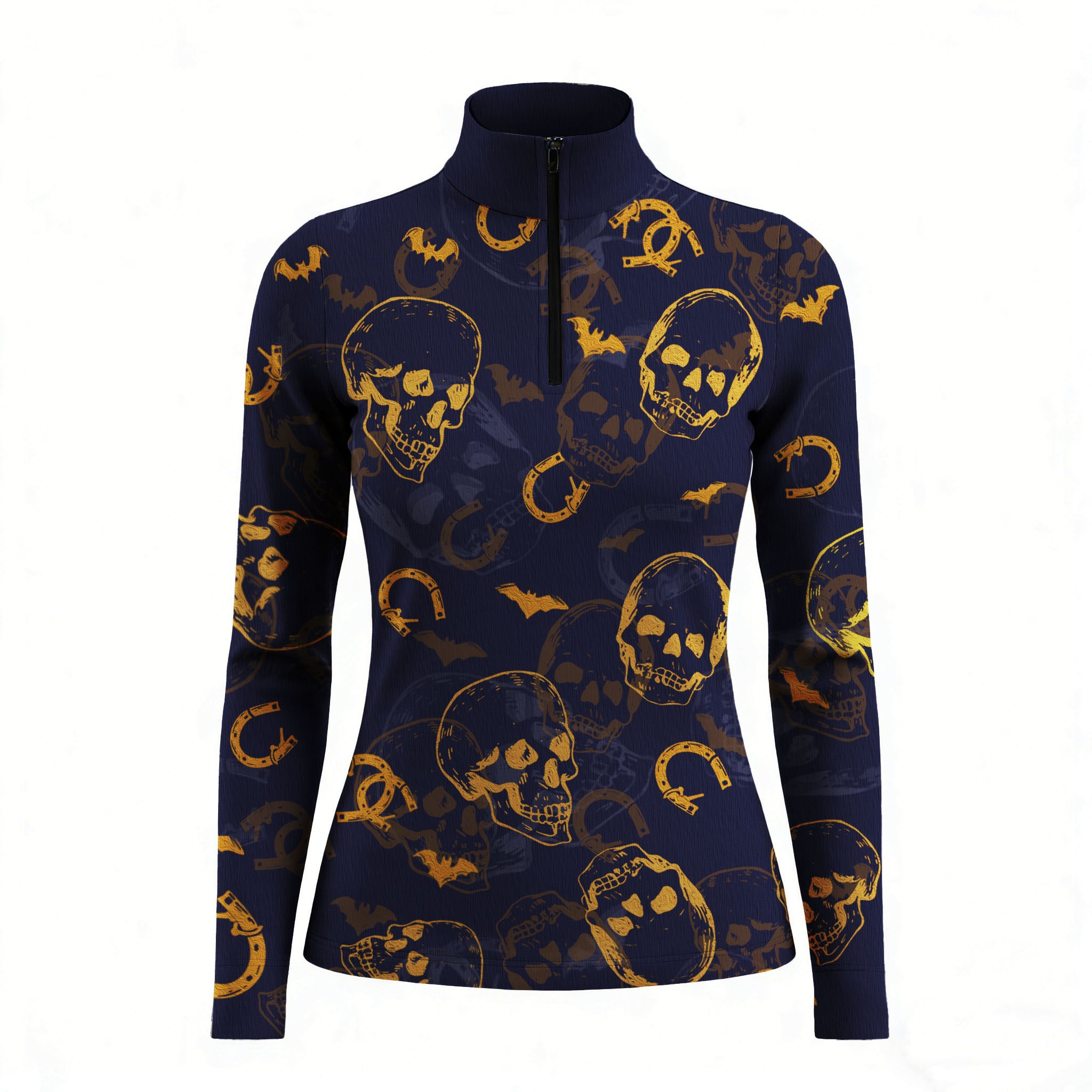 Studio white‑background product mockup of women’s navy long‑sleeve quarter‑zip riding top with full golden skull bat horseshoe all‑over print