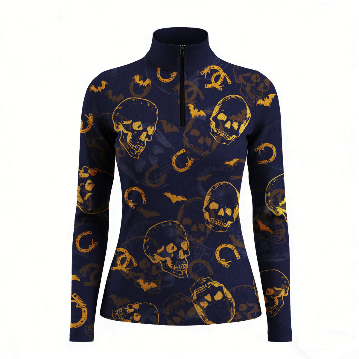 Studio white‑background product mockup of women’s navy long‑sleeve quarter‑zip riding top with full golden skull bat horseshoe all‑over print