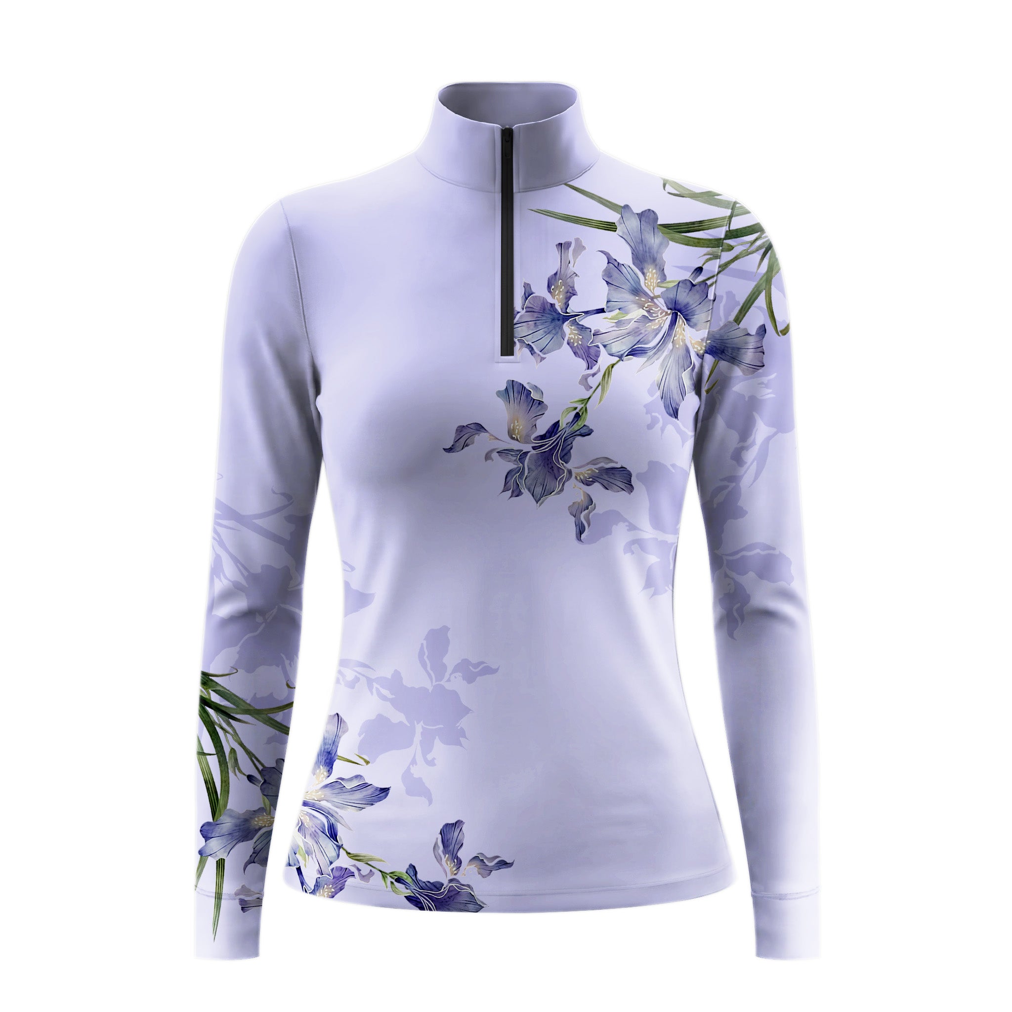 Clean white background studio mockup of navy watercolor iris floral‑print long‑sleeve quarter‑zip riding top
