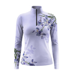 Clean white background studio mockup of navy watercolor iris floral‑print long‑sleeve quarter‑zip riding top