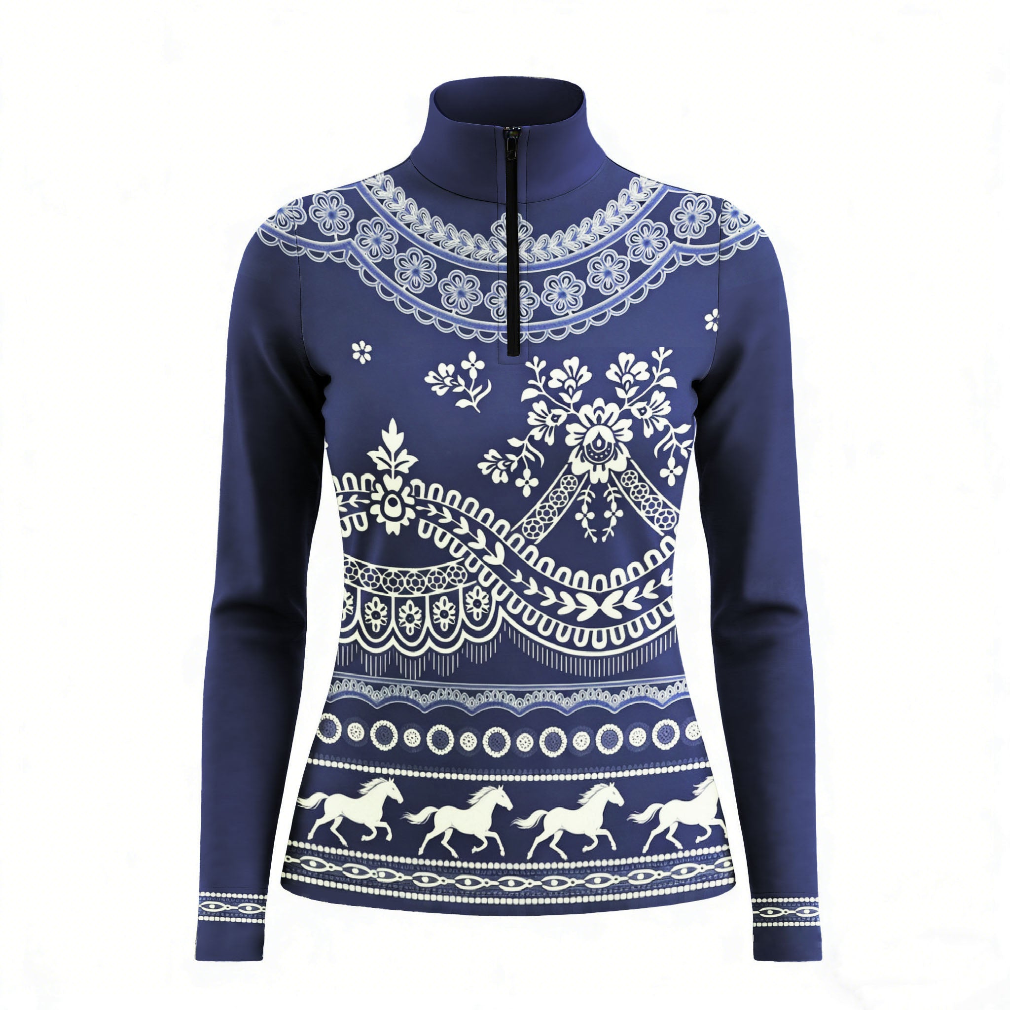 Dual color studio shot of lace floral galloping horse print long sleeve quarter zip riding top
