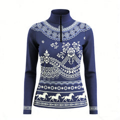 Dual color studio shot of lace floral galloping horse print long sleeve quarter zip riding top
