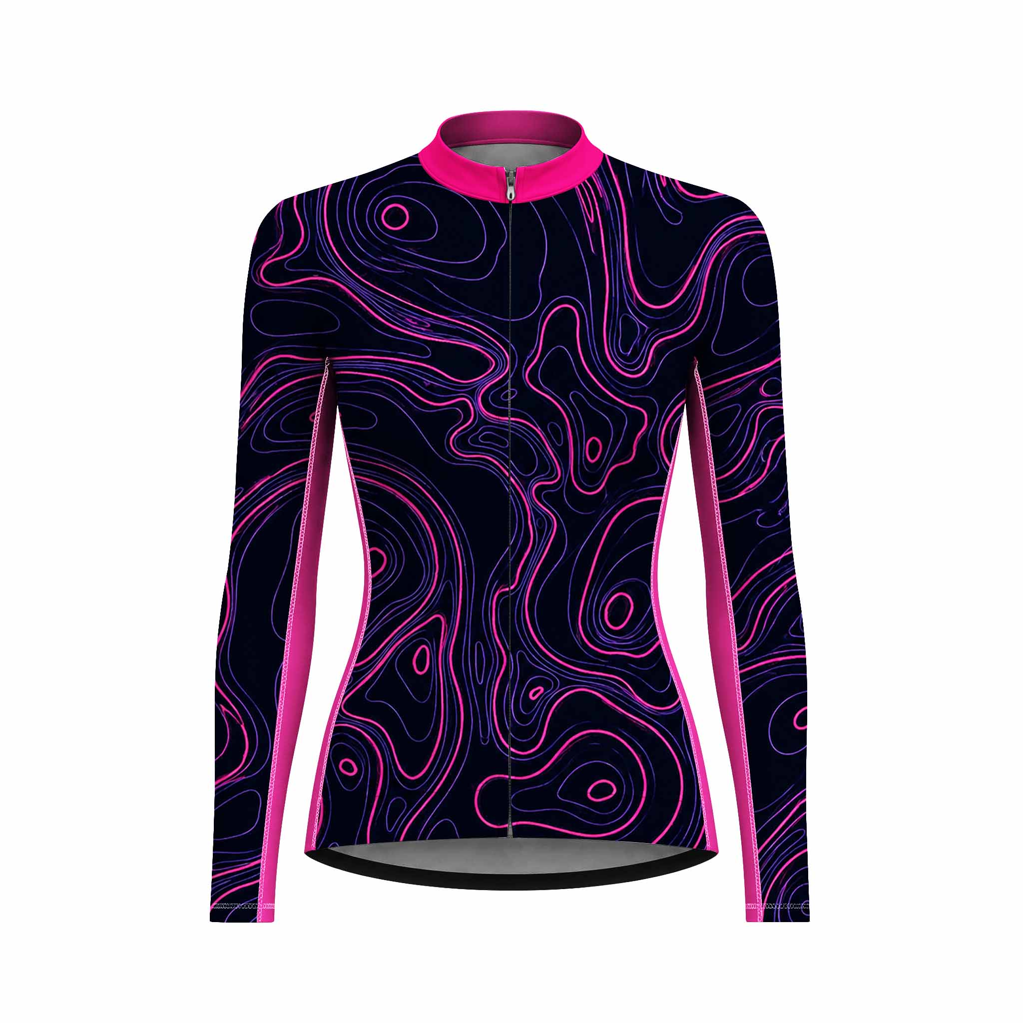 Front view flat shot of women full zip long sleeve cycling jersey with navy background, neon magenta purple topographic contour line print, bright hot pink collar isolated white background
