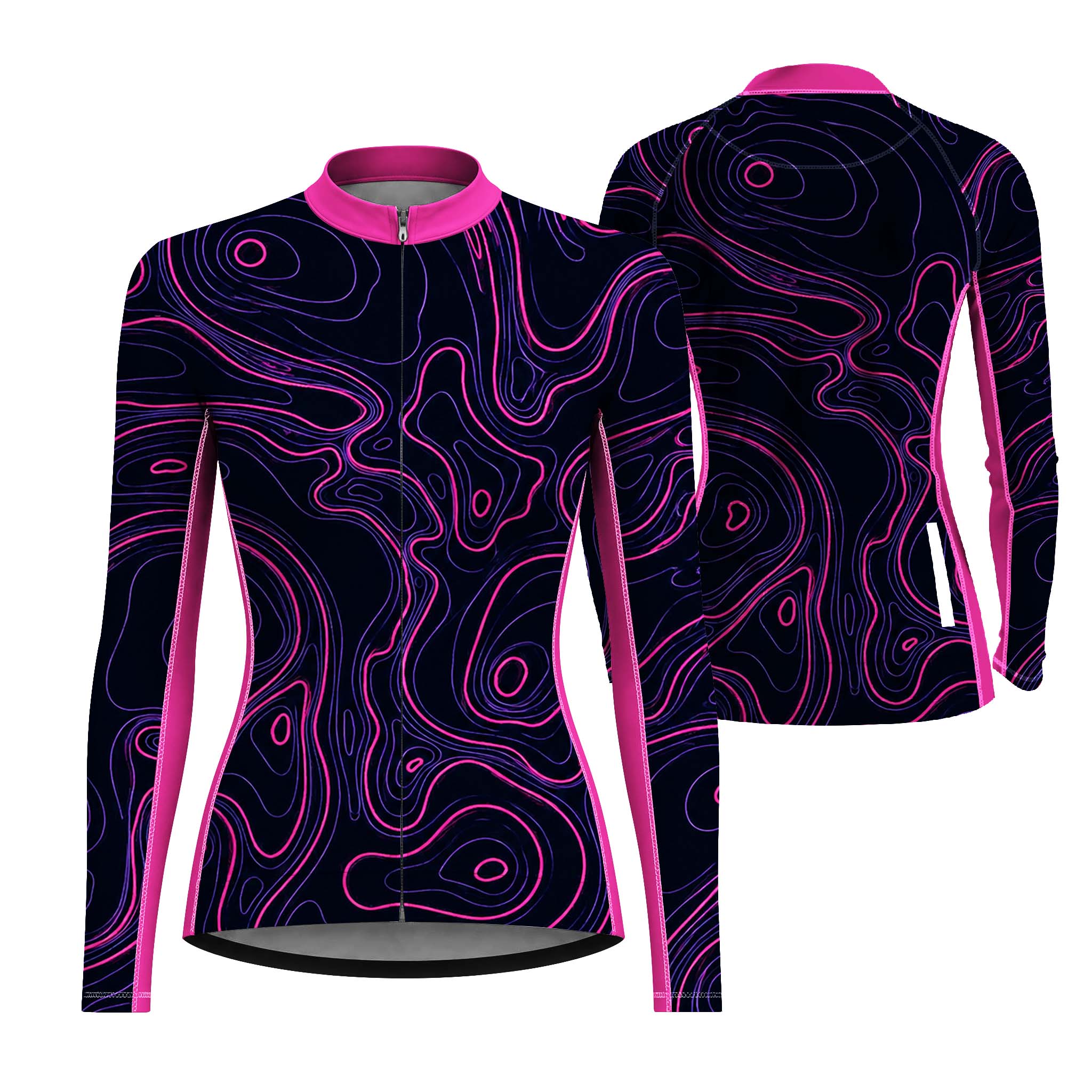 Dual front-back flat layout of ladies long sleeve navy neon pink topographic line full zip bike jersey isolated white background
