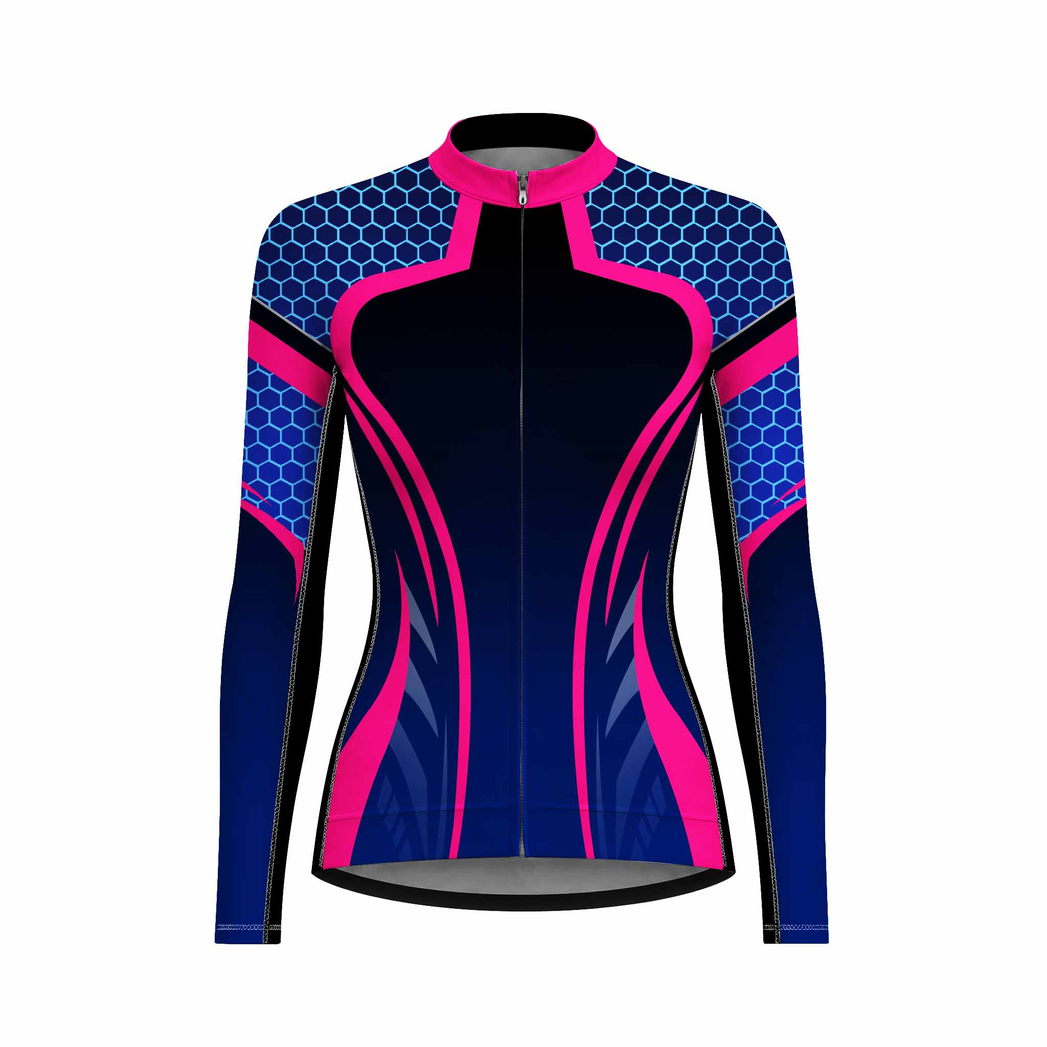 Front view flat shot of women full zip long sleeve racing cycling jersey with blue honeycomb hexagon shoulder and hot pink streamline print, pink collar isolated white background
