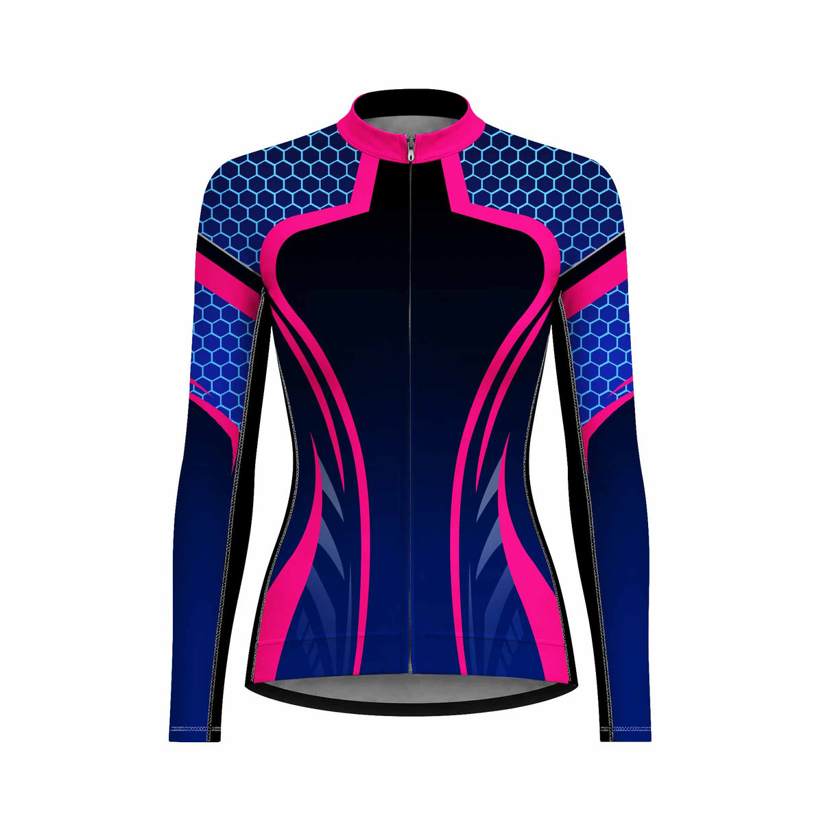 Front view flat shot of women full zip long sleeve racing cycling jersey with blue honeycomb hexagon shoulder and hot pink streamline print, pink collar isolated white background

