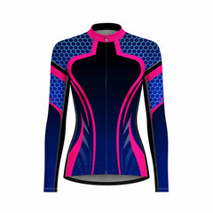 Front view flat shot of women full zip long sleeve racing cycling jersey with blue honeycomb hexagon shoulder and hot pink streamline print, pink collar isolated white background
