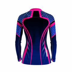 Back flat lay of women full zip racing cycling jersey blue honeycomb hexagon streamline print, rear storage pocket and reflective strip detail white background
