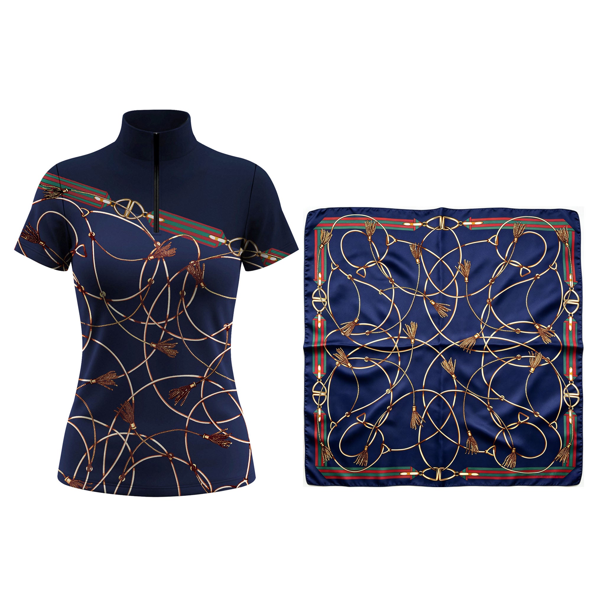 Clean white background studio mockup of navy short‑sleeve quarter‑zip riding top paired with matching horse‑bit chain tassel equestrian scarf