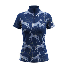 White background studio shot of navy layered line sketch horse print short sleeve quarter zip riding top
