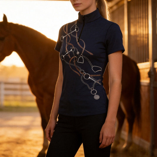 Warm sunset barn lifestyle photo of female equestrian wearing navy horse bit stirrup print short sleeve quarter-zip riding top
