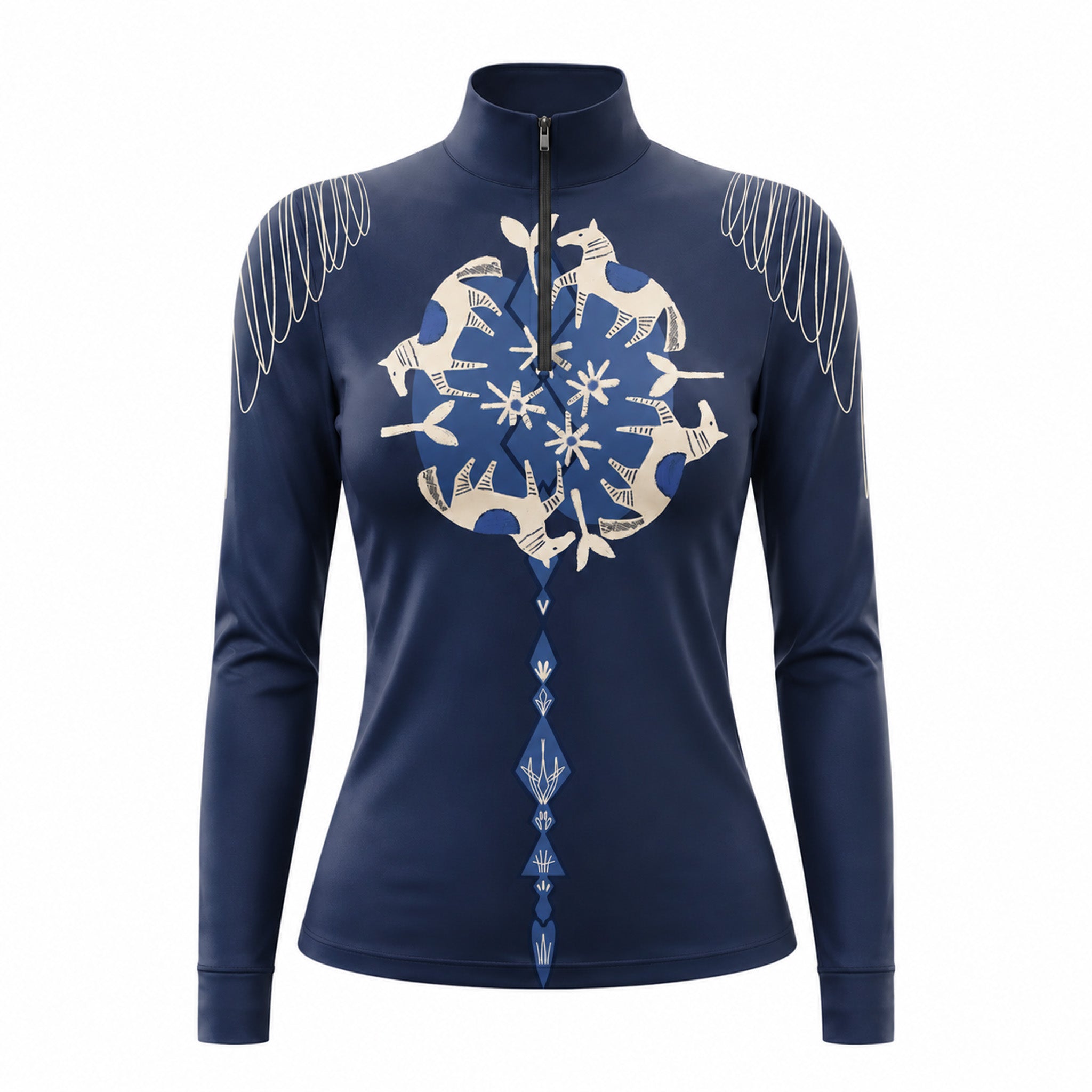 White background studio shot of full allover deep navy cream tribal circular mandala horse geometric diamond feather wing long sleeve quarter zip riding top

