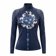 White background studio shot of full allover deep navy cream tribal circular mandala horse geometric diamond feather wing long sleeve quarter zip riding top
