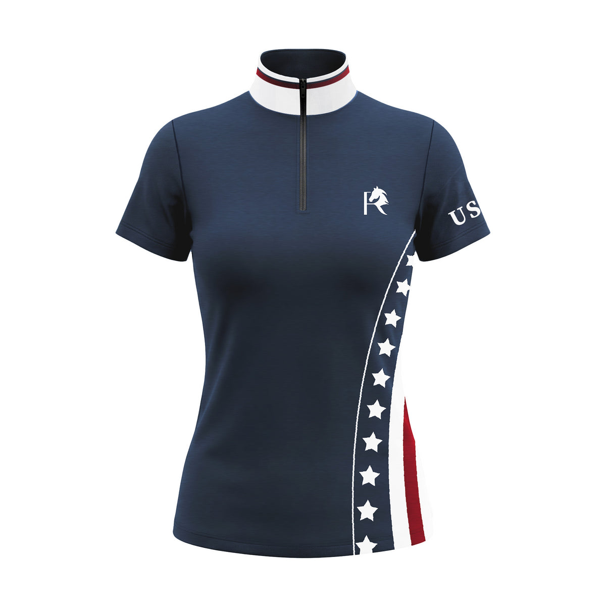 Smiling model holding small American flag wearing sleek navy subtle patriotic star stripe horse logo short sleeve riding top at sunny equestrian grounds
