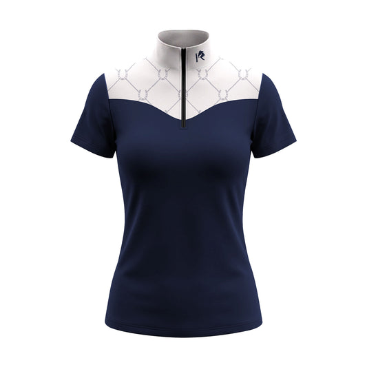 White background studio product shot of full navy white color block silver horseshoe diamond grid print short sleeve quarter-zip riding top
