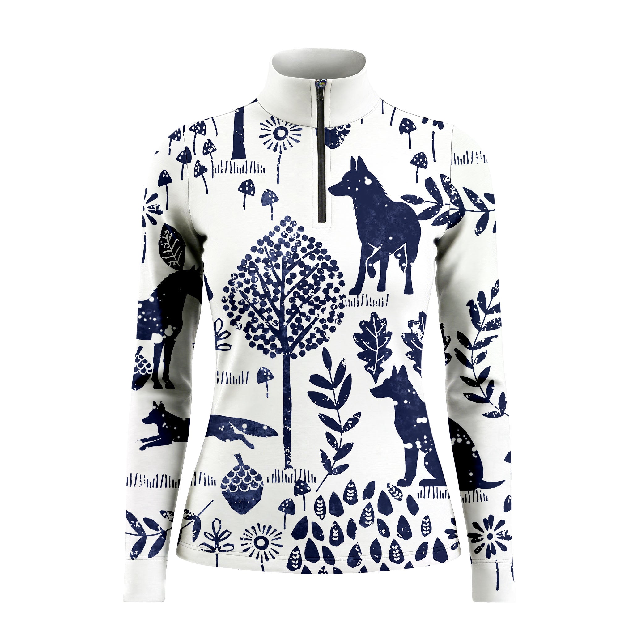 White background studio shot of off-white navy woodland wolf fox forest silhouette allover print long sleeve quarter zip riding top