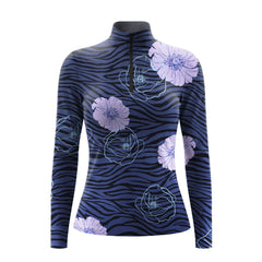 White background studio product shot of full-print navy zebra striped lavender poppy quarter-zip long sleeve riding top
