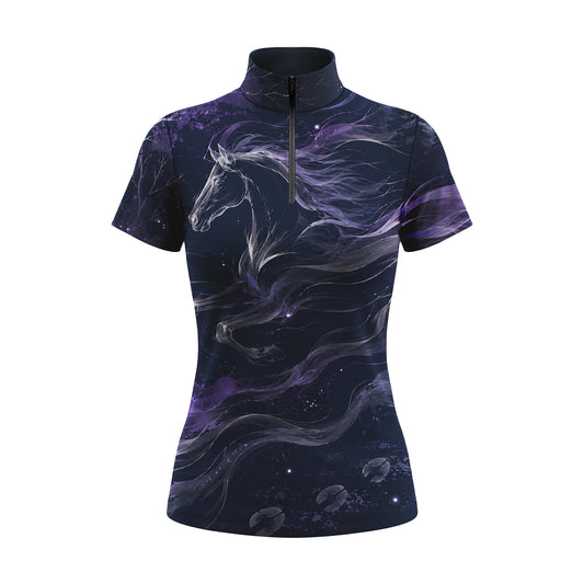 White backdrop studio product shot of navy short sleeve riding top printed with a misty phantom horse and purple nebula watercolor artwork
