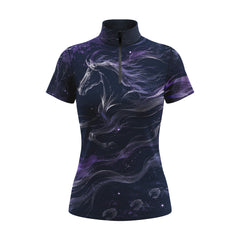 White backdrop studio product shot of navy short sleeve riding top printed with a misty phantom horse and purple nebula watercolor artwork
