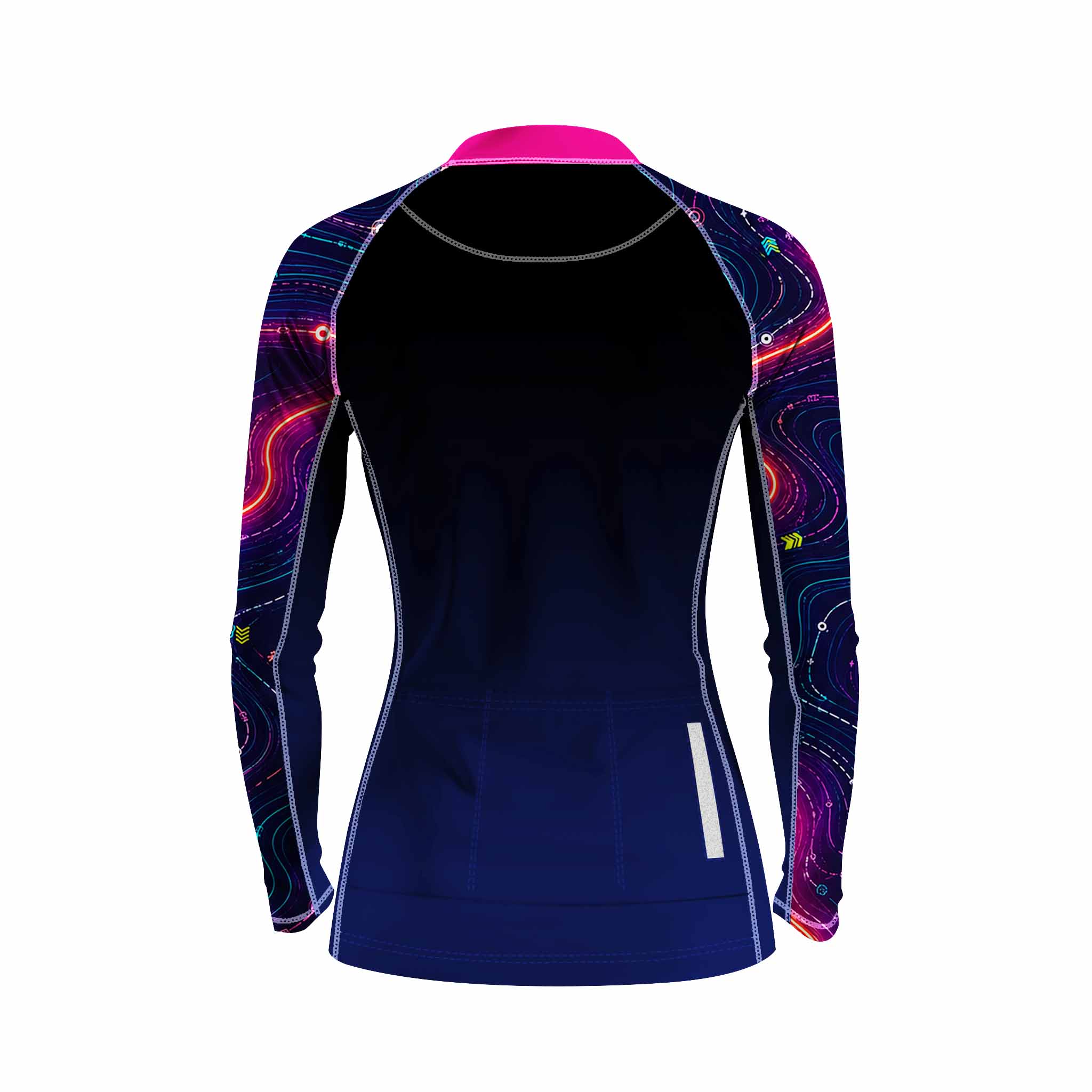 Back flat lay of women full zip cycling jersey solid navy back panel, shoulder neon circuit print, rear storage pocket and reflective strip detail white background
