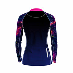 Back flat lay of women full zip cycling jersey solid navy back panel, shoulder neon circuit print, rear storage pocket and reflective strip detail white background
