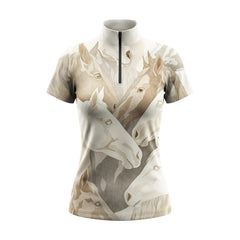 Studio flat view of the Neutral Watercolor Herd of Horses Print Short-Sleeve Quarter-Zip Riding Top, showcasing the full print details
