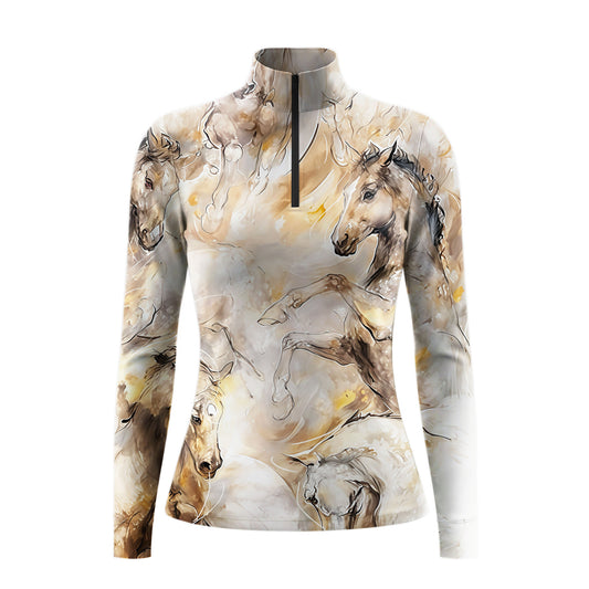 White background studio product shot of full cream beige sepia watercolor galloping standing horse sketch ditsy print long sleeve quarter-zip riding top
