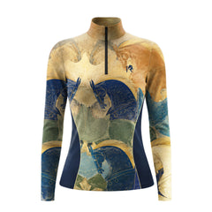 Clean white studio mockup of ochre‑gold vintage fresco war‑horse print long‑sleeve quarter‑zip riding top