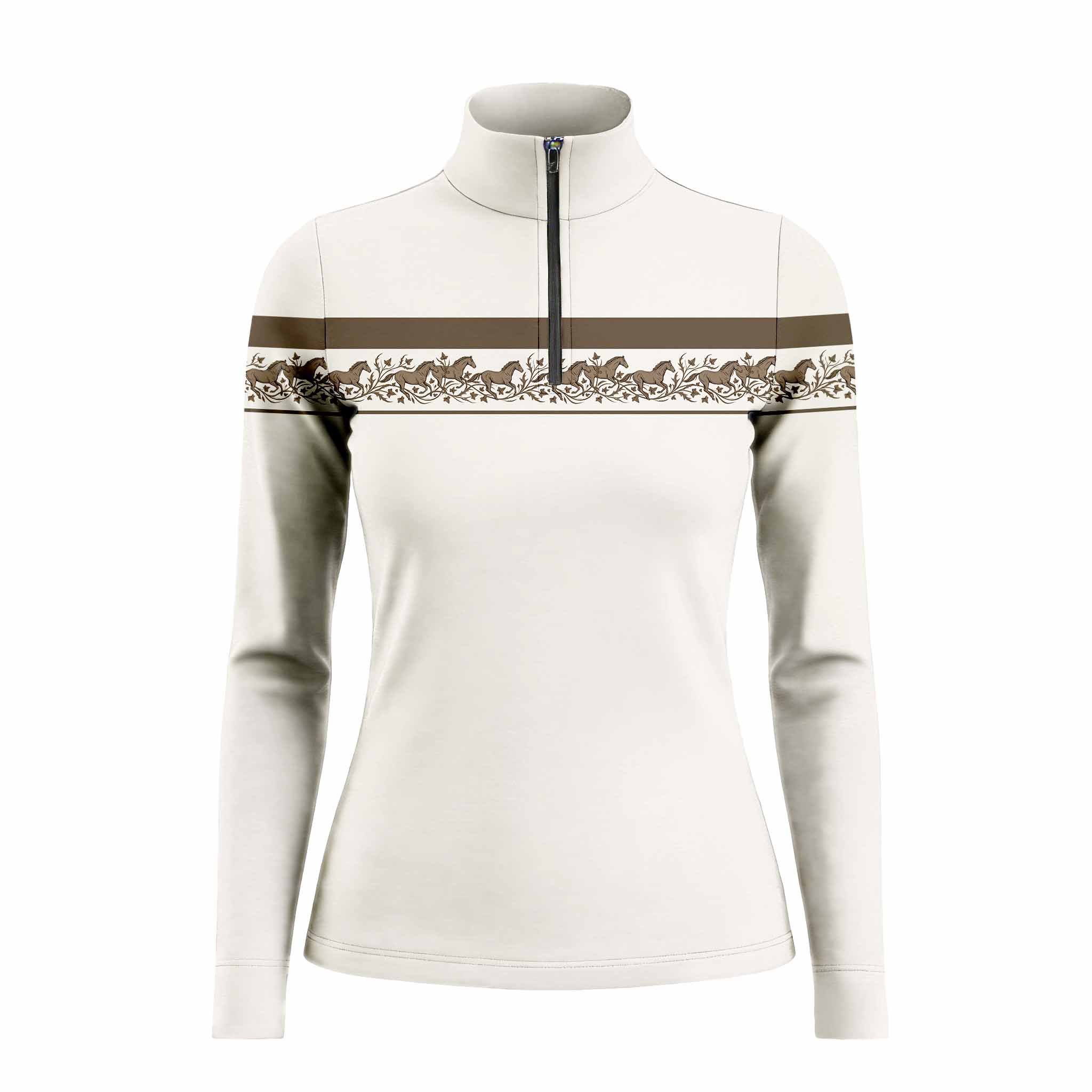 Clean white background studio mockup of off-white warm brown color block running horse border stripe long sleeve quarter-zip riding top