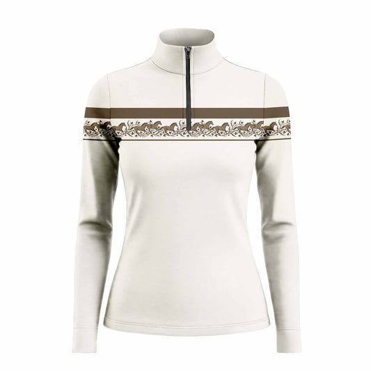 Clean white background studio mockup of off-white warm brown color block running horse border stripe long sleeve quarter-zip riding top
