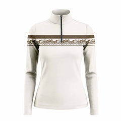 Clean white background studio mockup of off-white warm brown color block running horse border stripe long sleeve quarter-zip riding top